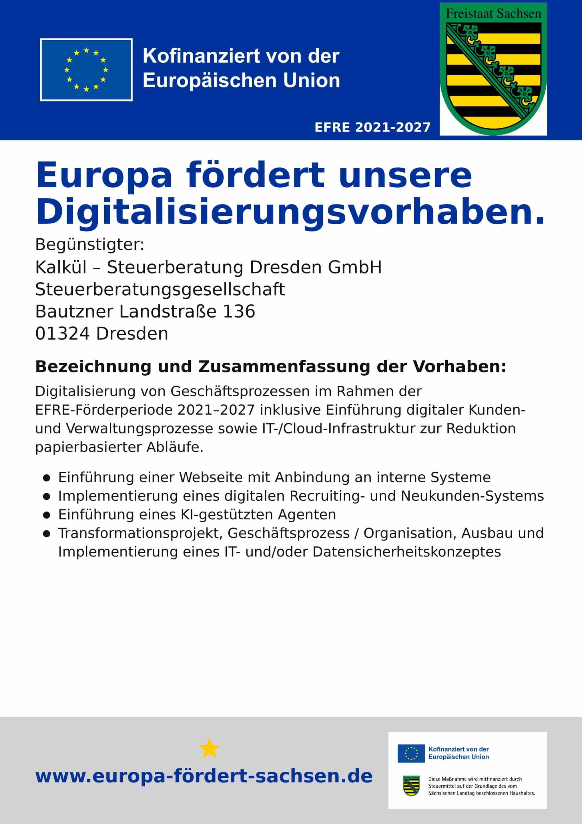 Förderplakat: Kofinanziert von der Europäischen Union – EFRE 2021–2027, Freistaat Sachsen